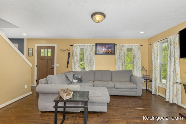 4160 Knapp Valley Dr NE, Grand Rapids, MI 49525 - living room featuring baseboards, wood finished floors, recessed lighting, and stairs