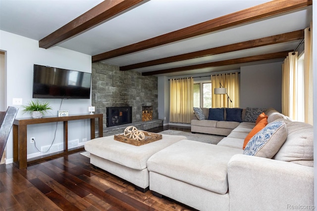 28220 Swan Island Dr, Grosse Ile, MI 48138 - living area with dark wood-style floors, a fireplace, beam ceiling, and baseboards