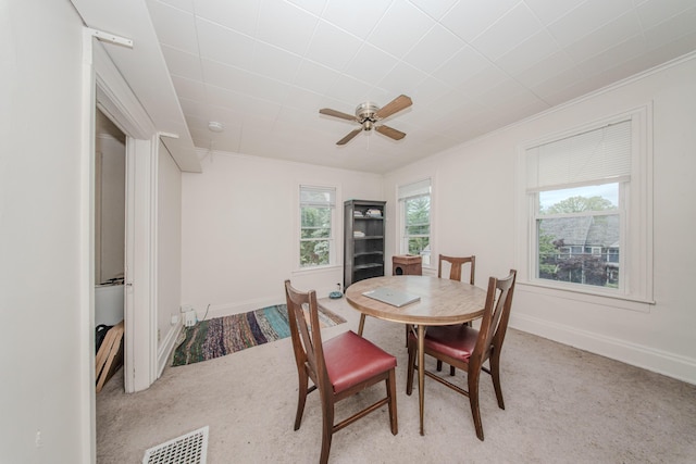 414 W Summit St, Ann Arbor, MI 48103 - dining space with light carpet, ornamental molding, ceiling fan, and baseboards