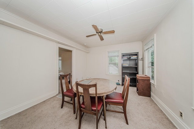 414 W Summit St, Ann Arbor, MI 48103 - dining area featuring light carpet, ceiling fan, baseboards, and crown molding