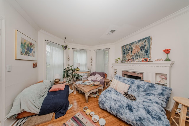 414 W Summit St, Ann Arbor, MI 48103 - living room featuring crown molding, wood finished floors, and a fireplace