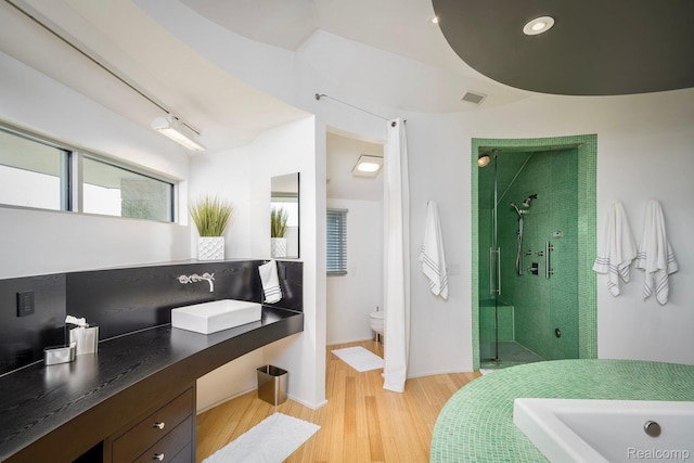 1363 Forest Bay Dr, Waterford, MI 48328 - bathroom with a stall shower, toilet, vanity, and wood finished floors