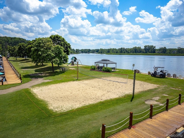 1363 Forest Bay Dr, Waterford, MI 48328 - view of property's community featuring a gazebo, a water view, volleyball court, and a lawn