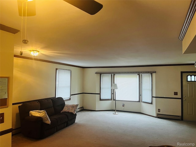 14924 Hough Rd, Allenton, MI 48002 - living area featuring carpet floors, crown molding, a baseboard radiator, baseboards, and a ceiling fan