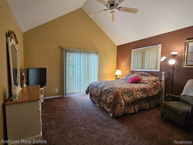 2501 Davista Dr, Highland, MI 48356 - bedroom with carpet, high vaulted ceiling, a ceiling fan, and baseboards