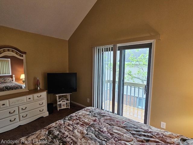 2501 Davista Dr, Highland, MI 48356 - bedroom featuring dark carpet, high vaulted ceiling, and baseboards