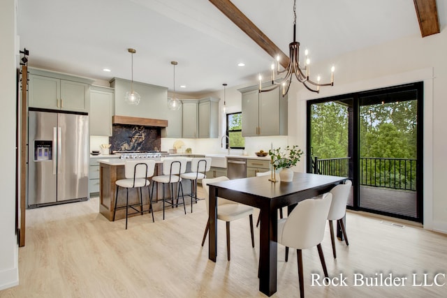 7134 Sugar Maple Dr, Hudsonville, MI 49426 - dining room featuring beamed ceiling, light wood-style floors, recessed lighting, and a chandelier