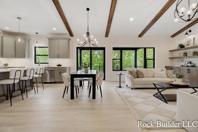 7134 Sugar Maple Dr, Hudsonville, MI 49426 - living room with a chandelier, beam ceiling, light wood-style floors, and recessed lighting