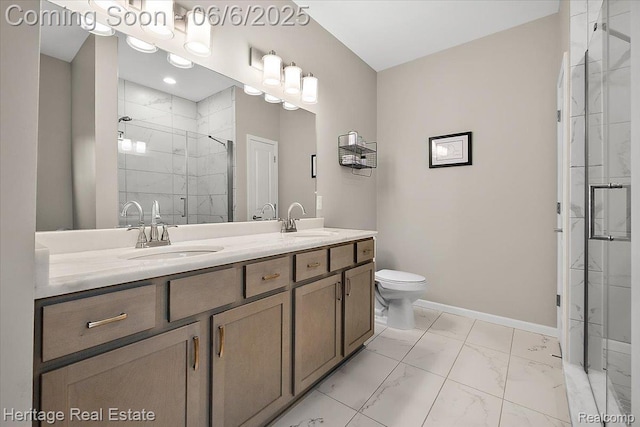 6231 Leighland Dr, Grand Blanc, MI 48439 - bathroom with marble look tiles, double vanity, a shower stall, toilet, and baseboards