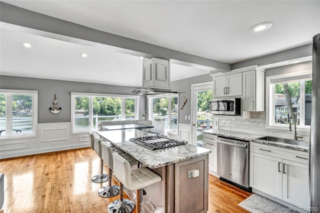533 Bellevue Ave, Lake Orion, MI 48362 - kitchen with stainless steel appliances, a kitchen island, light wood-style flooring, light stone counters, and wainscoting