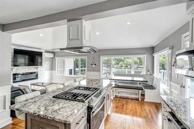 533 Bellevue Ave, Lake Orion, MI 48362 - kitchen with appliances with stainless steel finishes, light wood-style flooring, healthy amount of natural light, light stone countertops, and a wainscoted wall