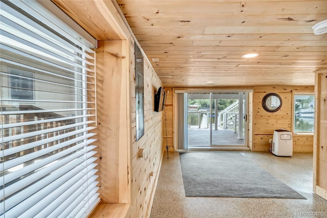533 Bellevue Ave, Lake Orion, MI 48362 - doorway with wooden ceiling, wood walls, and recessed lighting