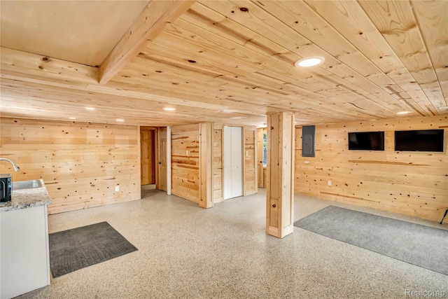 533 Bellevue Ave, Lake Orion, MI 48362 - unfurnished living room with wood ceiling, recessed lighting, electric panel, wooden walls, and dark aggregate flooring