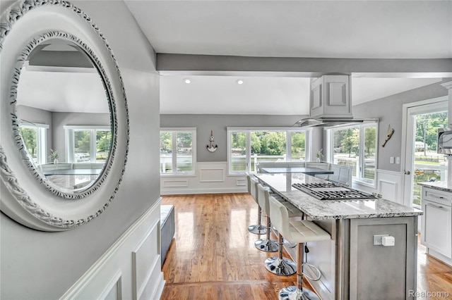 533 Bellevue Ave, Lake Orion, MI 48362 - kitchen with a decorative wall, light stone counters, a wainscoted wall, a kitchen bar, and plenty of natural light