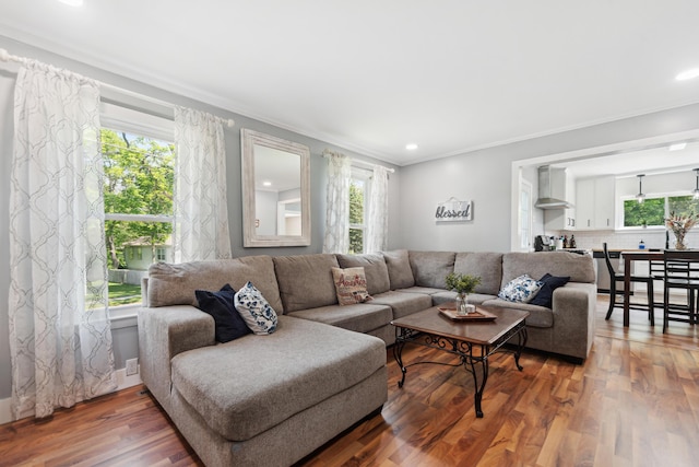 229 Water St, Grass Lake, MI 49240 - living room with ornamental molding, plenty of natural light, wood finished floors, recessed lighting, and baseboards