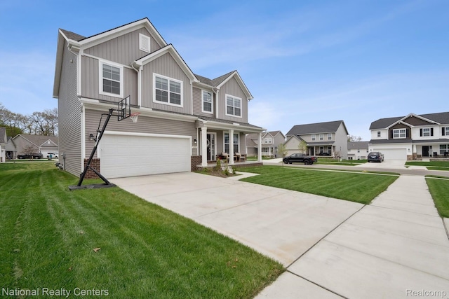 222 Quartz Way, White Lake, MI 48386 - view of front of property with board and batten siding, an attached garage, a front yard, and a residential view