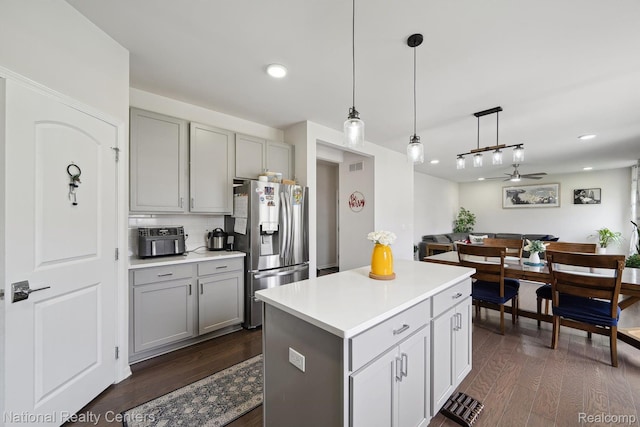 222 Quartz Way, White Lake, MI 48386 - kitchen with stainless steel fridge, gray cabinets, a ceiling fan, dark wood-style flooring, and recessed lighting