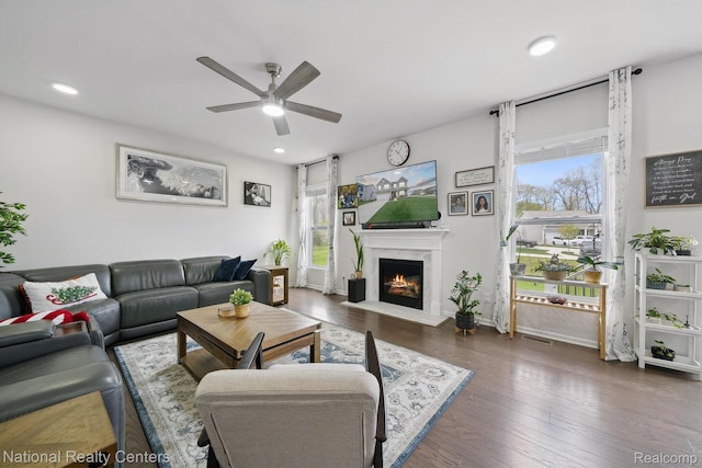 222 Quartz Way, White Lake, MI 48386 - living room with a ceiling fan, plenty of natural light, a fireplace with flush hearth, hardwood / wood-style floors, and recessed lighting