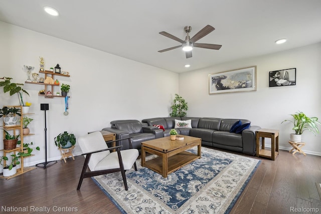 222 Quartz Way, White Lake, MI 48386 - living area featuring a ceiling fan, dark wood-style floors, recessed lighting, and baseboards