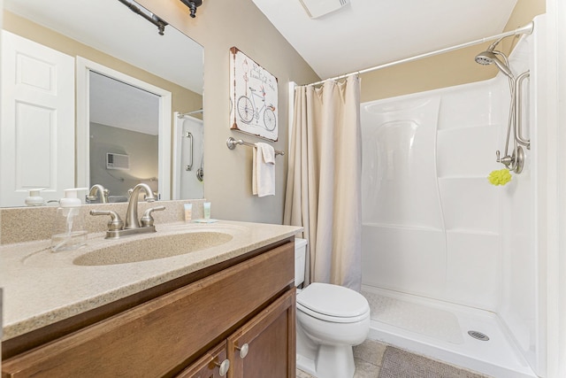 5737 Hilltop Way, Williamsburg, MI 49690 - bathroom featuring vanity, tile patterned flooring, toilet, and a shower with shower curtain