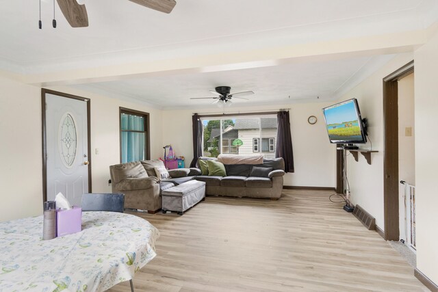 111 Greenleaf St, Onsted, MI 49265 - living area featuring a ceiling fan, light wood finished floors, and baseboards