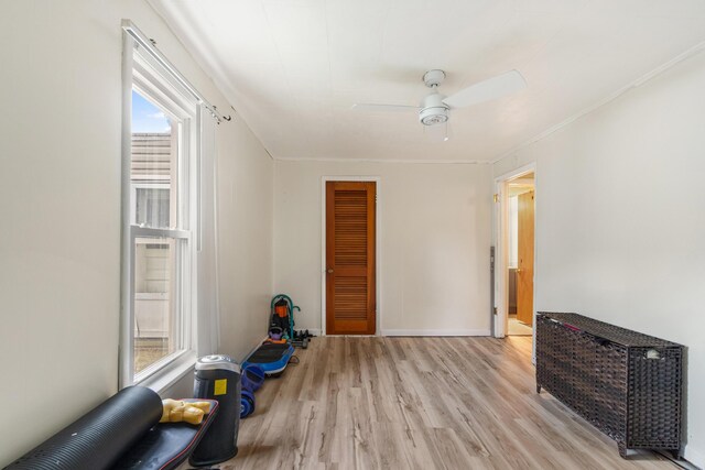 111 Greenleaf St, Onsted, MI 49265 - unfurnished living room with light wood-type flooring, healthy amount of natural light, ceiling fan, baseboards, and crown molding