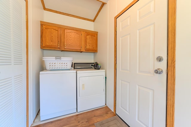 8279 Luce St, Alanson, MI 49706 - laundry area featuring cabinet space, separate washer and dryer, light wood-style floors, and crown molding
