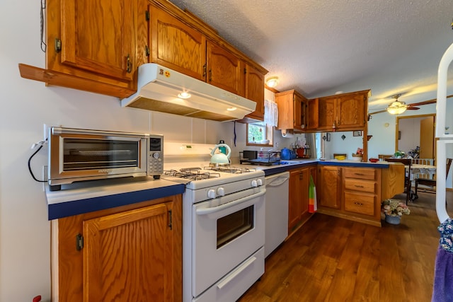 8279 Luce St, Alanson, MI 49706 - kitchen featuring white appliances, under cabinet range hood, dark wood-type flooring, a textured ceiling, and brown cabinets