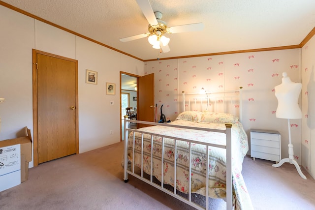 8279 Luce St, Alanson, MI 49706 - bedroom with light carpet, crown molding, a ceiling fan, and a textured ceiling