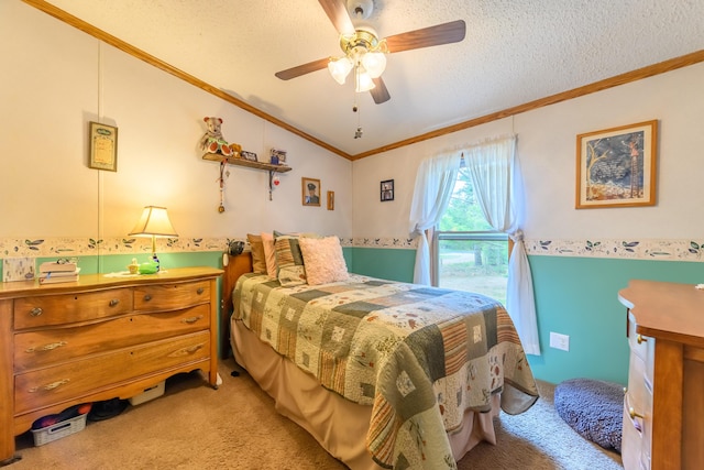 8279 Luce St, Alanson, MI 49706 - bedroom with light carpet, lofted ceiling, a textured ceiling, crown molding, and ceiling fan