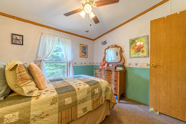 8279 Luce St, Alanson, MI 49706 - bedroom featuring lofted ceiling, carpet flooring, crown molding, a textured ceiling, and ceiling fan