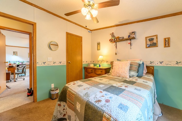 8279 Luce St, Alanson, MI 49706 - bedroom featuring light carpet, crown molding, and a ceiling fan