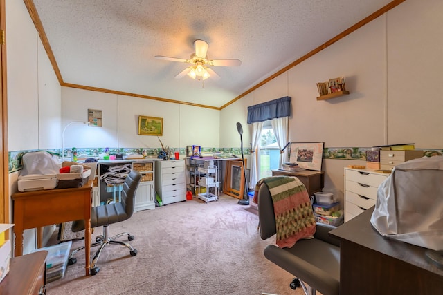 8279 Luce St, Alanson, MI 49706 - carpeted home office with crown molding, lofted ceiling, a textured ceiling, and ceiling fan