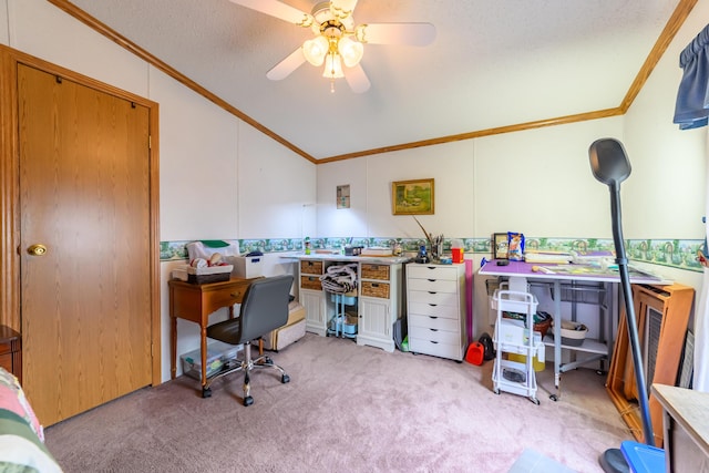 8279 Luce St, Alanson, MI 49706 - home office with crown molding, lofted ceiling, light colored carpet, ceiling fan, and a textured ceiling