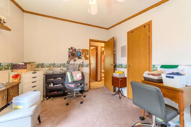 8279 Luce St, Alanson, MI 49706 - home office featuring crown molding, carpet floors, and a ceiling fan