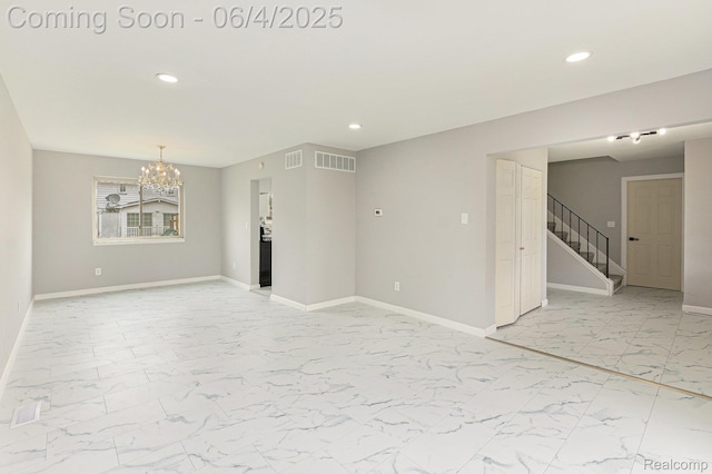 4325 Fox Hill Dr, Sterling Heights, MI 48310 - unfurnished room featuring light marble finish floors, recessed lighting, stairs, a chandelier, and baseboards