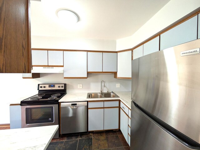 599 Echo Ct, Saline, MI 48176 - kitchen featuring stainless steel appliances, a sink, under cabinet range hood, light countertops, and white cabinets