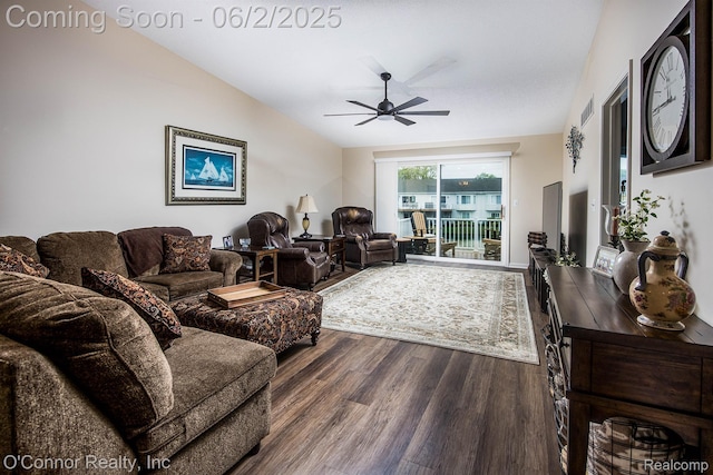 828 Crystal Ln, Marysville, MI 48040 - living area with vaulted ceiling, dark wood-style floors, and ceiling fan