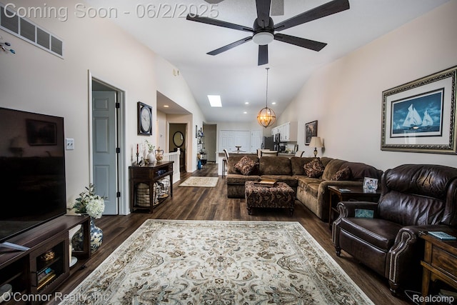 828 Crystal Ln, Marysville, MI 48040 - living room with lofted ceiling, a ceiling fan, dark wood finished floors, and recessed lighting