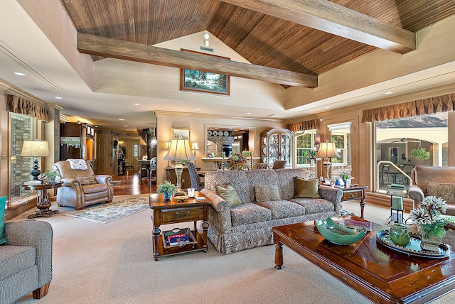 6130 Eidson Rd, Saint Joseph, MI 49085 - carpeted living area with wood ceiling with exposed beams, recessed lighting, and high vaulted ceiling