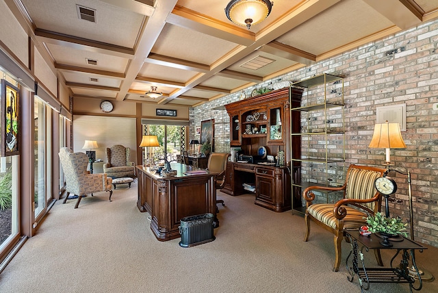 6130 Eidson Rd, Saint Joseph, MI 49085 - office area with light carpet, coffered ceiling, beamed ceiling, brick wall, and built in study area