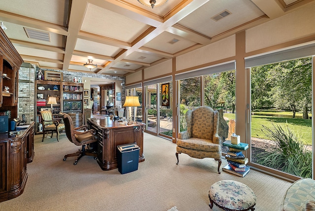 6130 Eidson Rd, Saint Joseph, MI 49085 - office space featuring coffered ceiling, carpet floors, beamed ceiling, and healthy amount of natural light