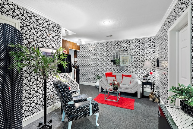 6130 Eidson Rd, Saint Joseph, MI 49085 - living area featuring ornamental molding, wallpapered walls, and a textured ceiling