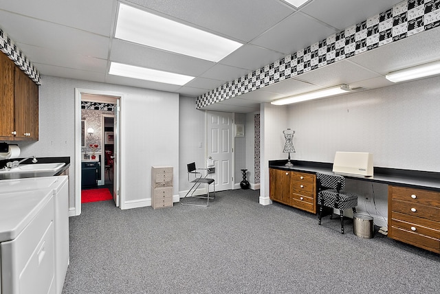 6130 Eidson Rd, Saint Joseph, MI 49085 - office featuring a sink, a paneled ceiling, dark colored carpet, baseboards, and washer and clothes dryer