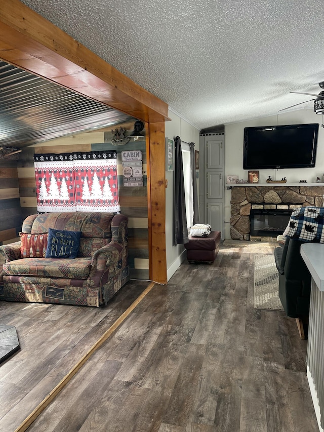 11064 S Hulbert Rd, Hulbert, MI 49748 - living room featuring wood finished floors, a fireplace, and a textured ceiling