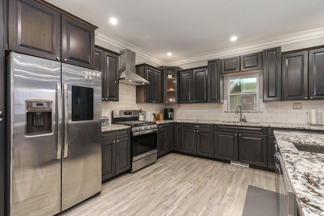 719 Webb St, Detroit, MI 48202 - kitchen featuring appliances with stainless steel finishes, wall chimney exhaust hood, a sink, backsplash, and crown molding