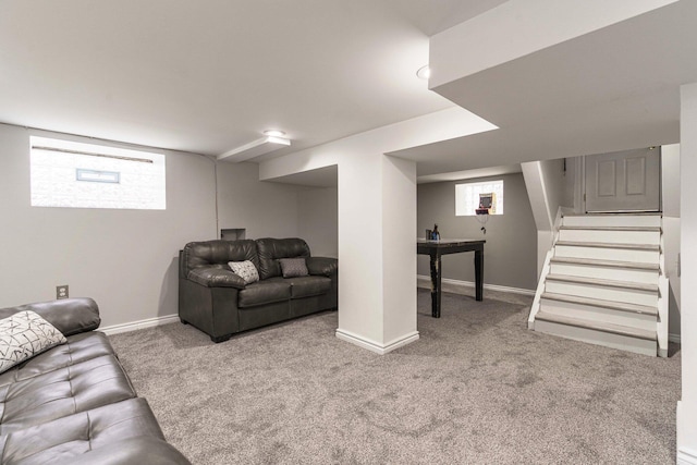 719 Webb St, Detroit, MI 48202 - carpeted living area featuring baseboards and stairs