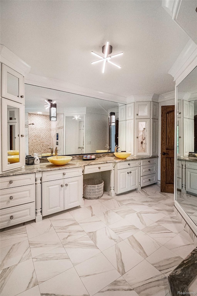 8315 Woodland Cir, Goodrich, MI 48438 - full bath with vanity, a ceiling fan, and marble look tile flooring
