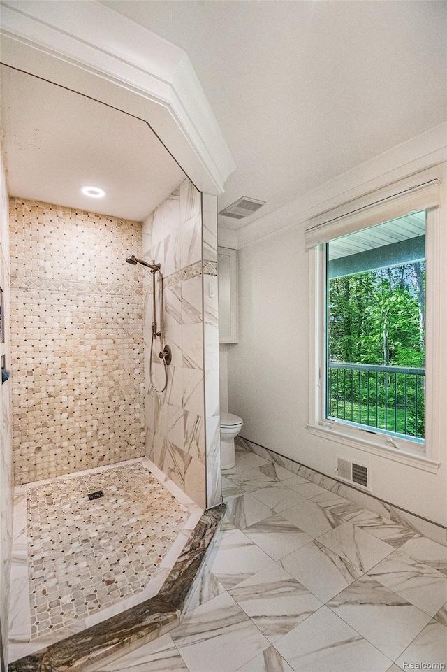 8315 Woodland Cir, Goodrich, MI 48438 - full bath with a stall shower, toilet, and marble finish floors