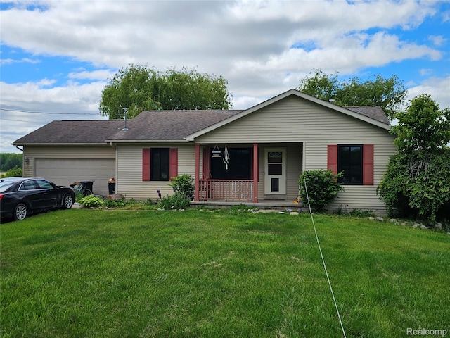 11103 Hill Rd, Swartz Creek, MI 48473 - ranch-style house with a porch, a garage, a front yard, and roof with shingles